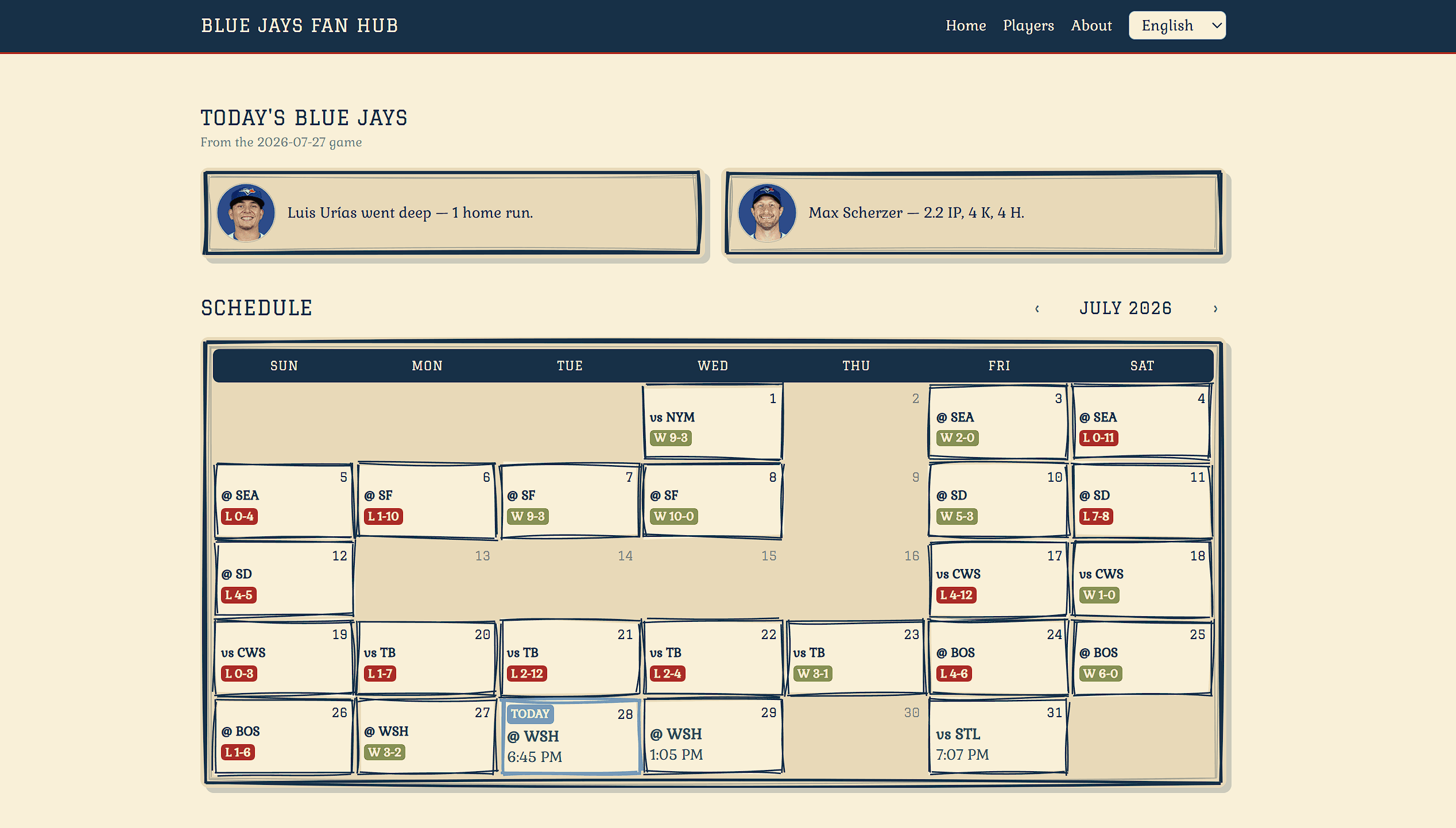 Home page with a hand-drawn schedule calendar and a Today's Blue Jays module